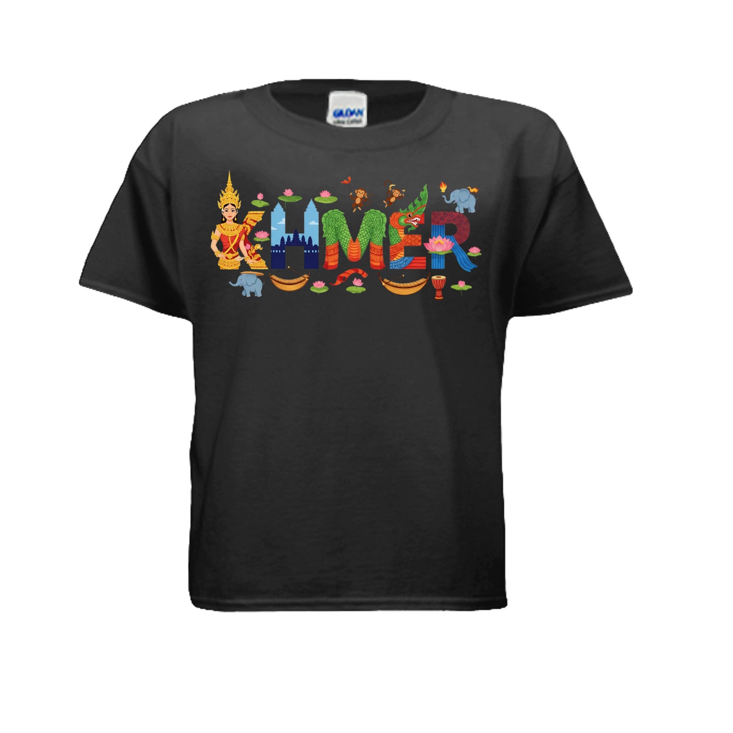 Black t-shirt with colorful 'Kemer' design featuring various elements on a white background