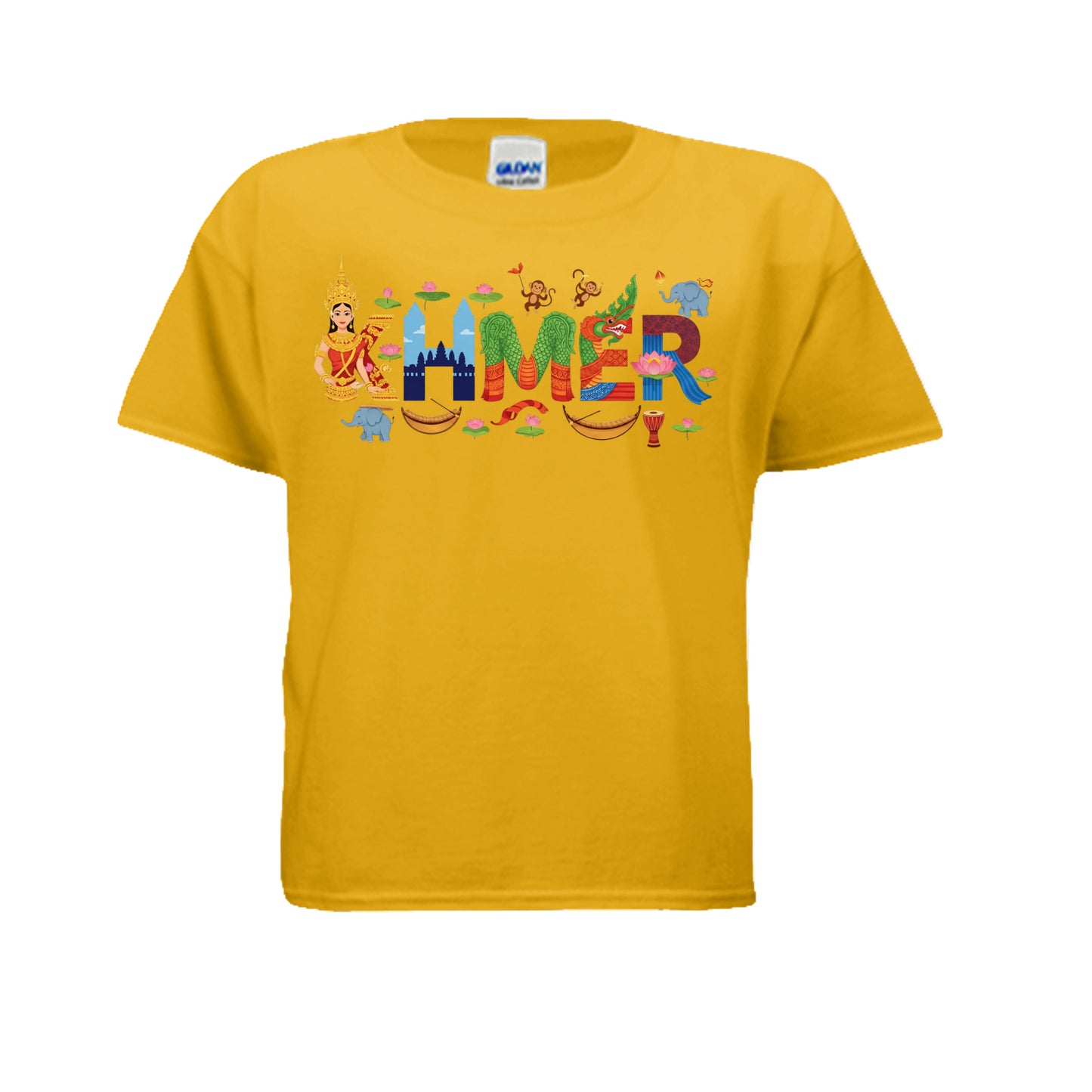 Yellow t-shirt with colorful 'HMER' design on a white background