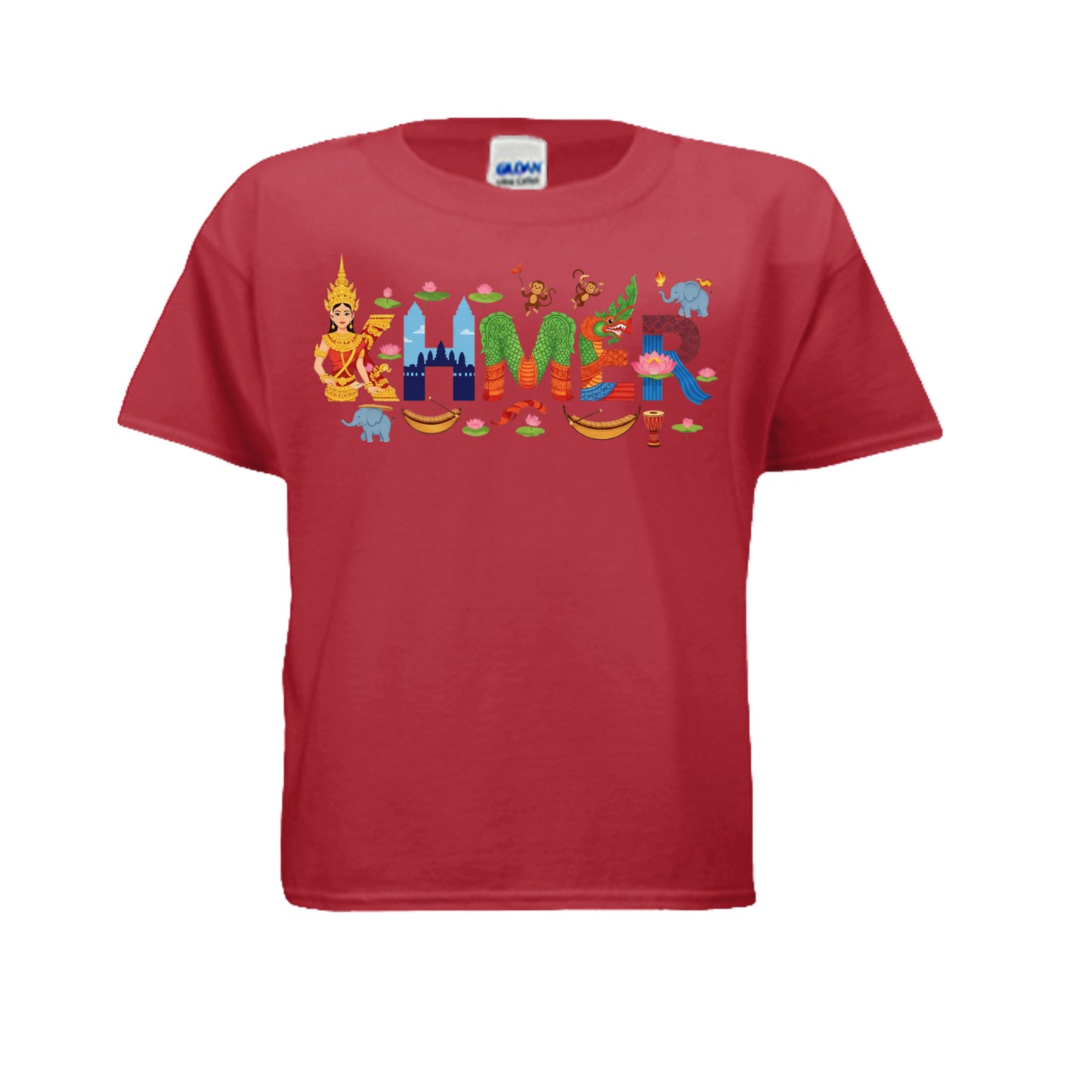 Red t-shirt with colorful graphics and text on a white background