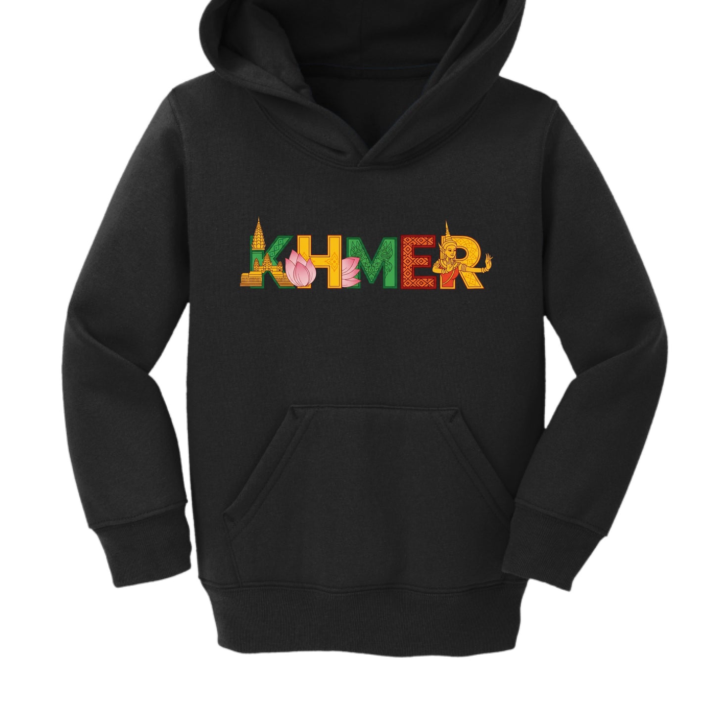Black hoodie with colorful 'KHMER' text design on a white background