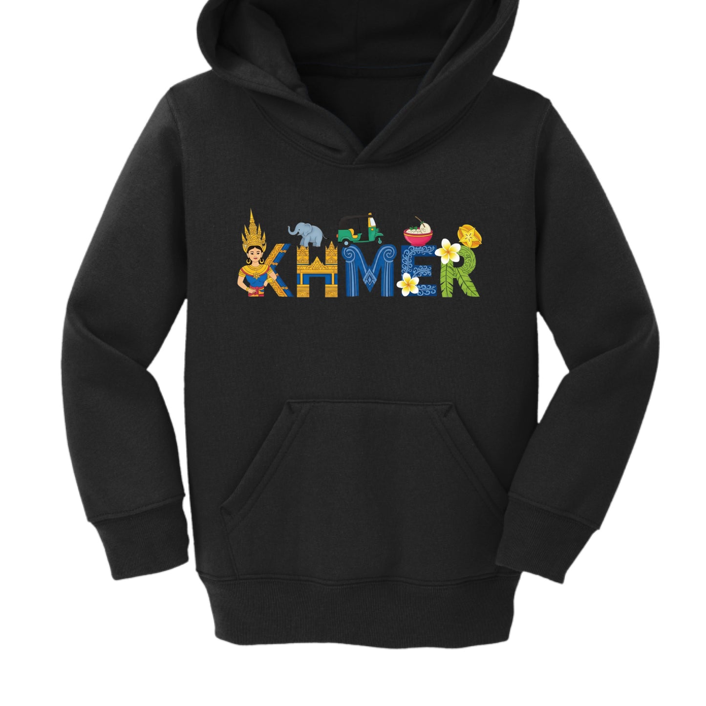 Black hoodie with colorful text and graphics on a white background