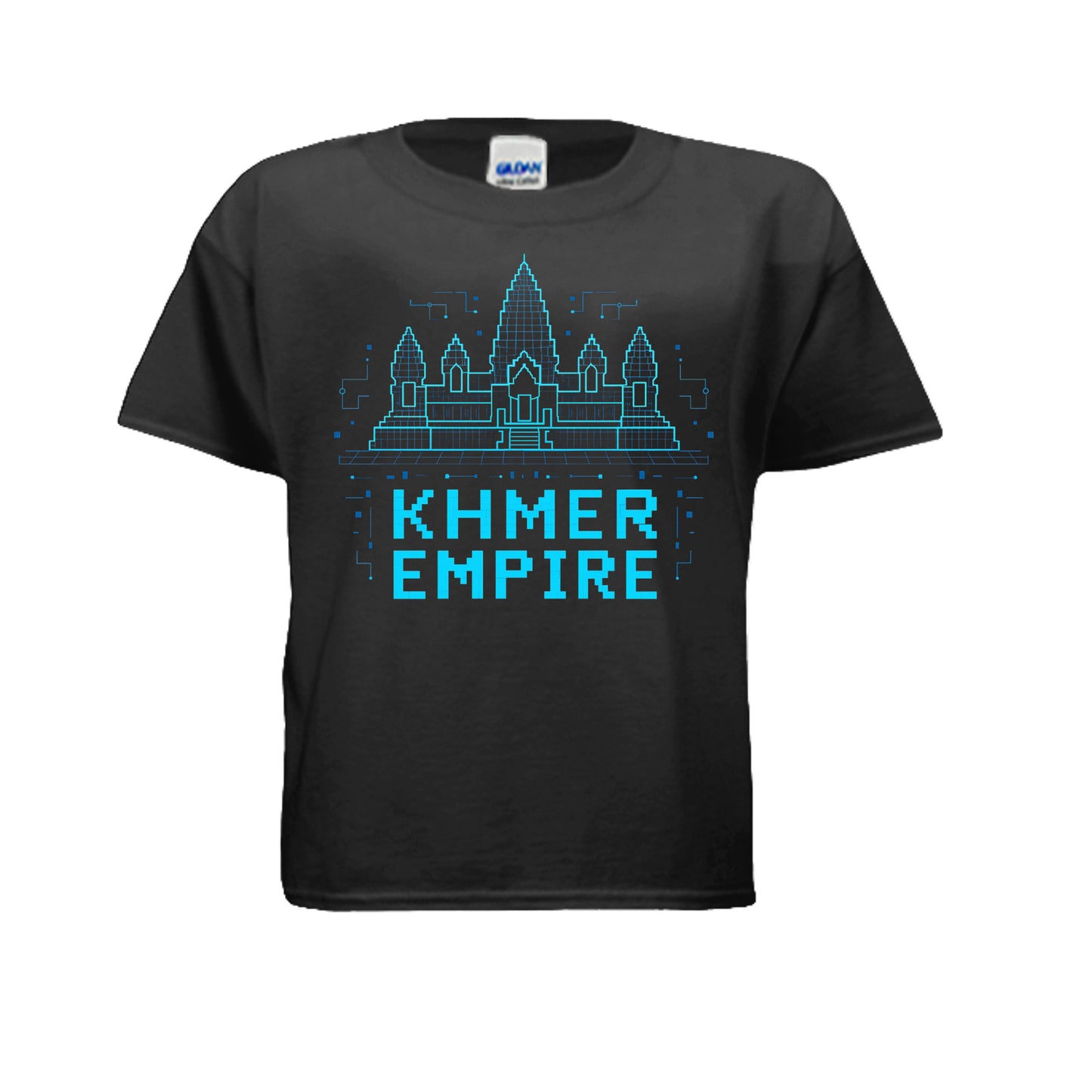 Black t-shirt with a white logo on a white background