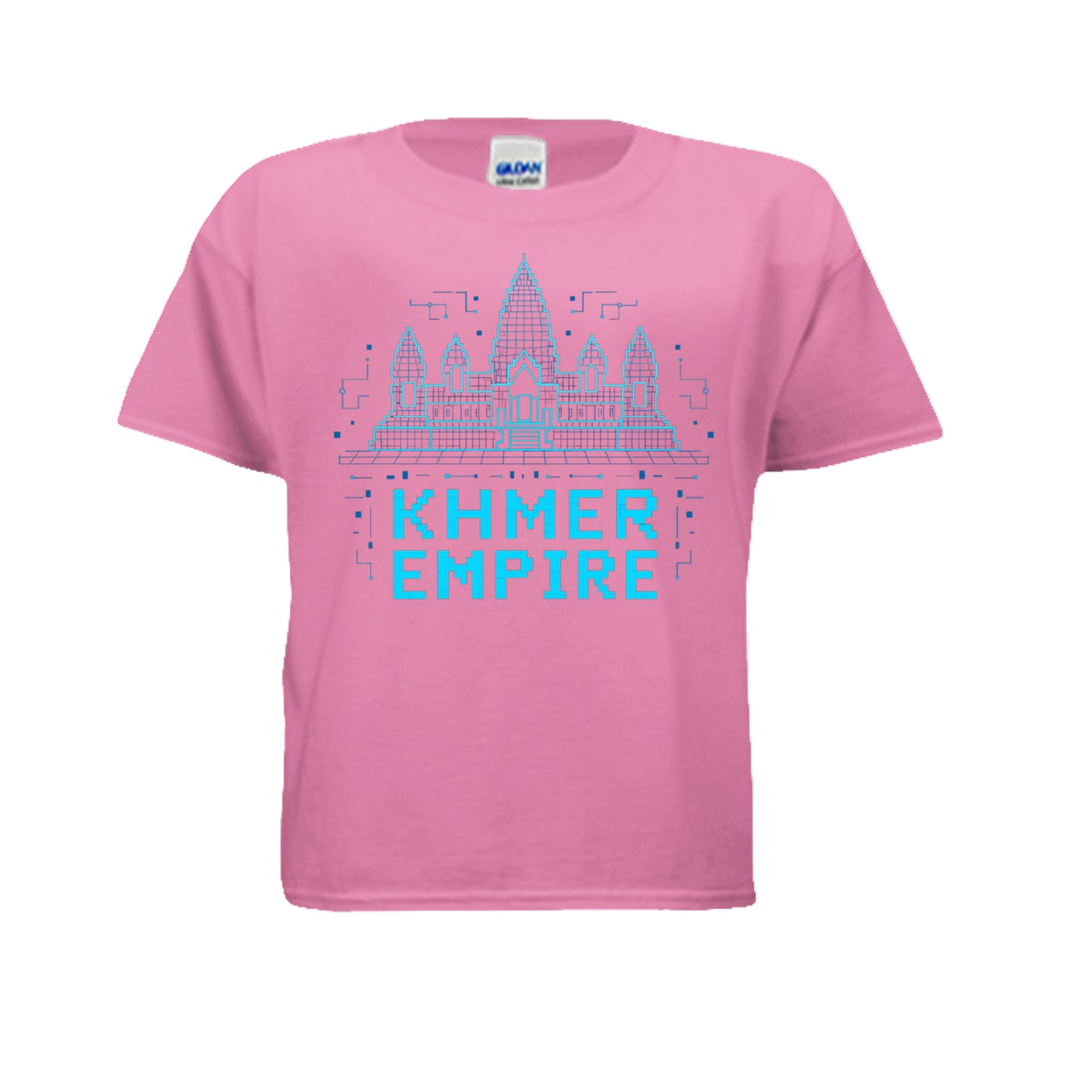Pink t-shirt with blue 'Khmer Empire' design on a white background