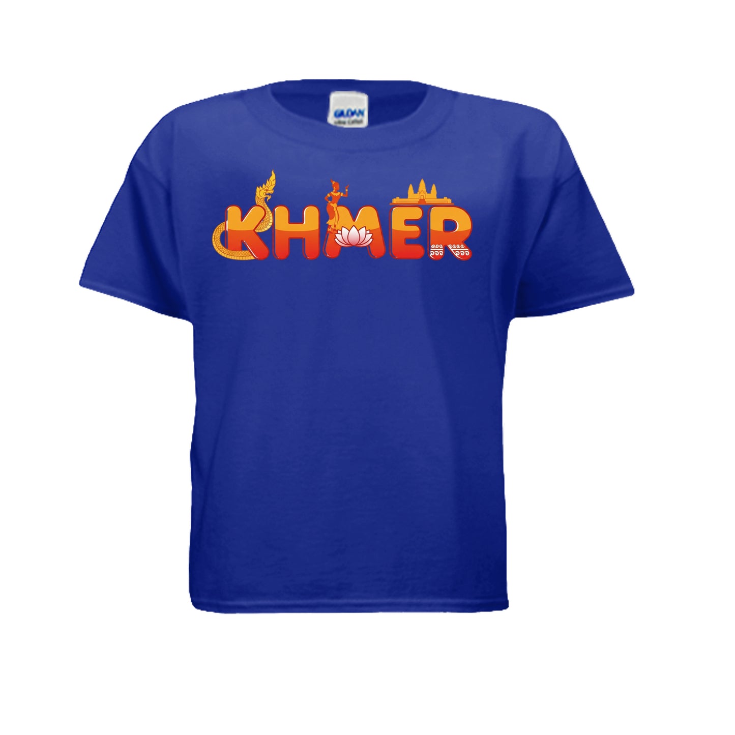 Blue t-shirt with colorful 'KHMER' text on a white background