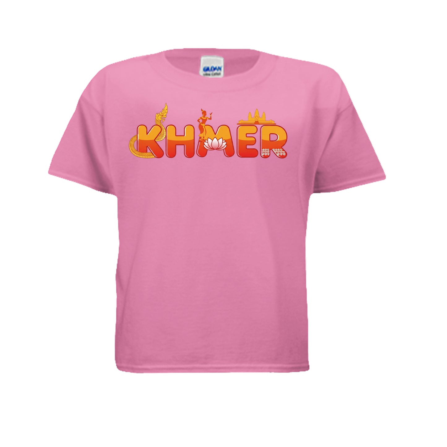 Pink t-shirt with 'KHMER' text in colorful letters on a white background
