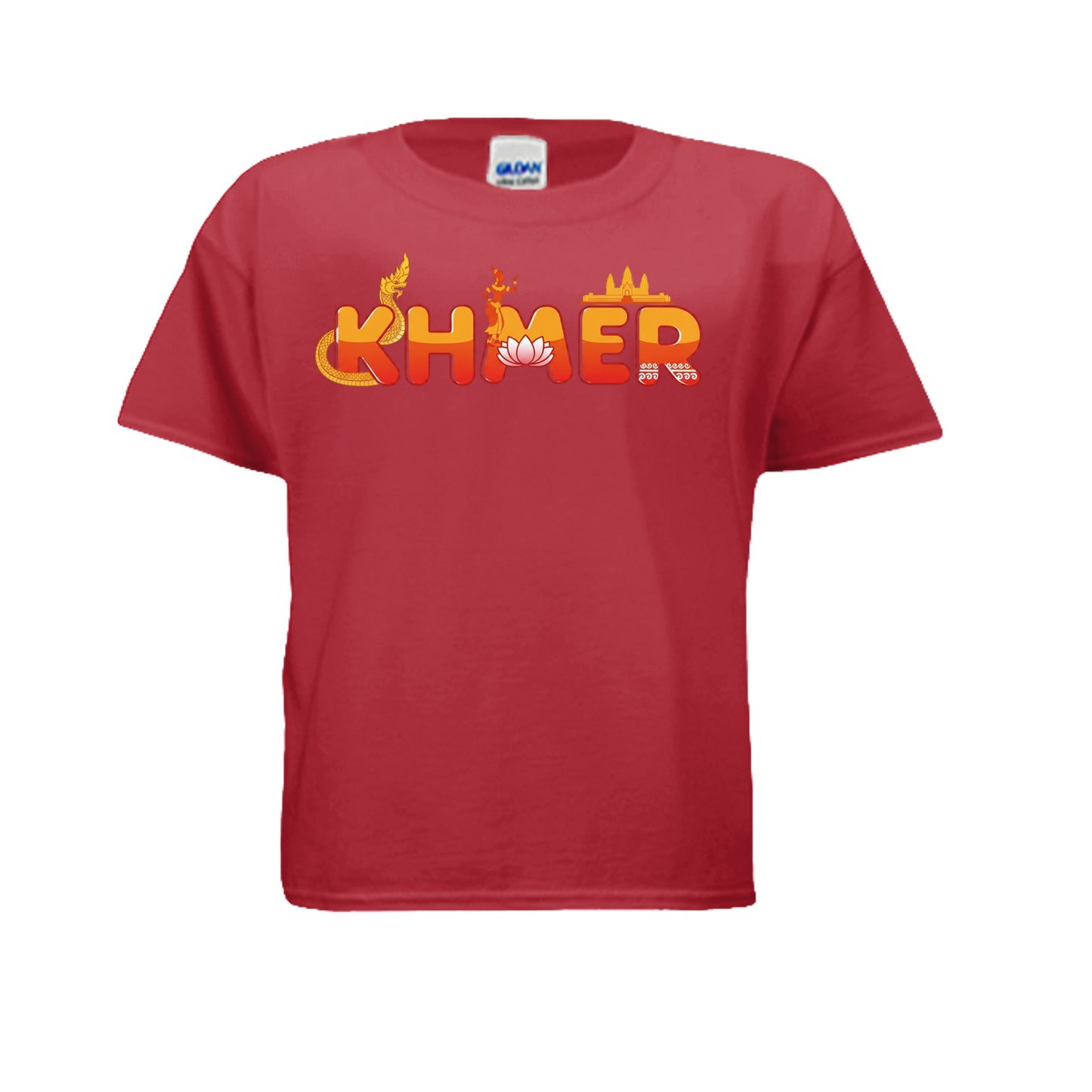 Maroon t-shirt with a Gildan label on a white background
