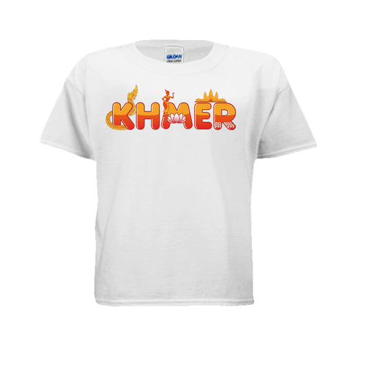 White t-shirt with colorful 'KHMER' text design on a white background