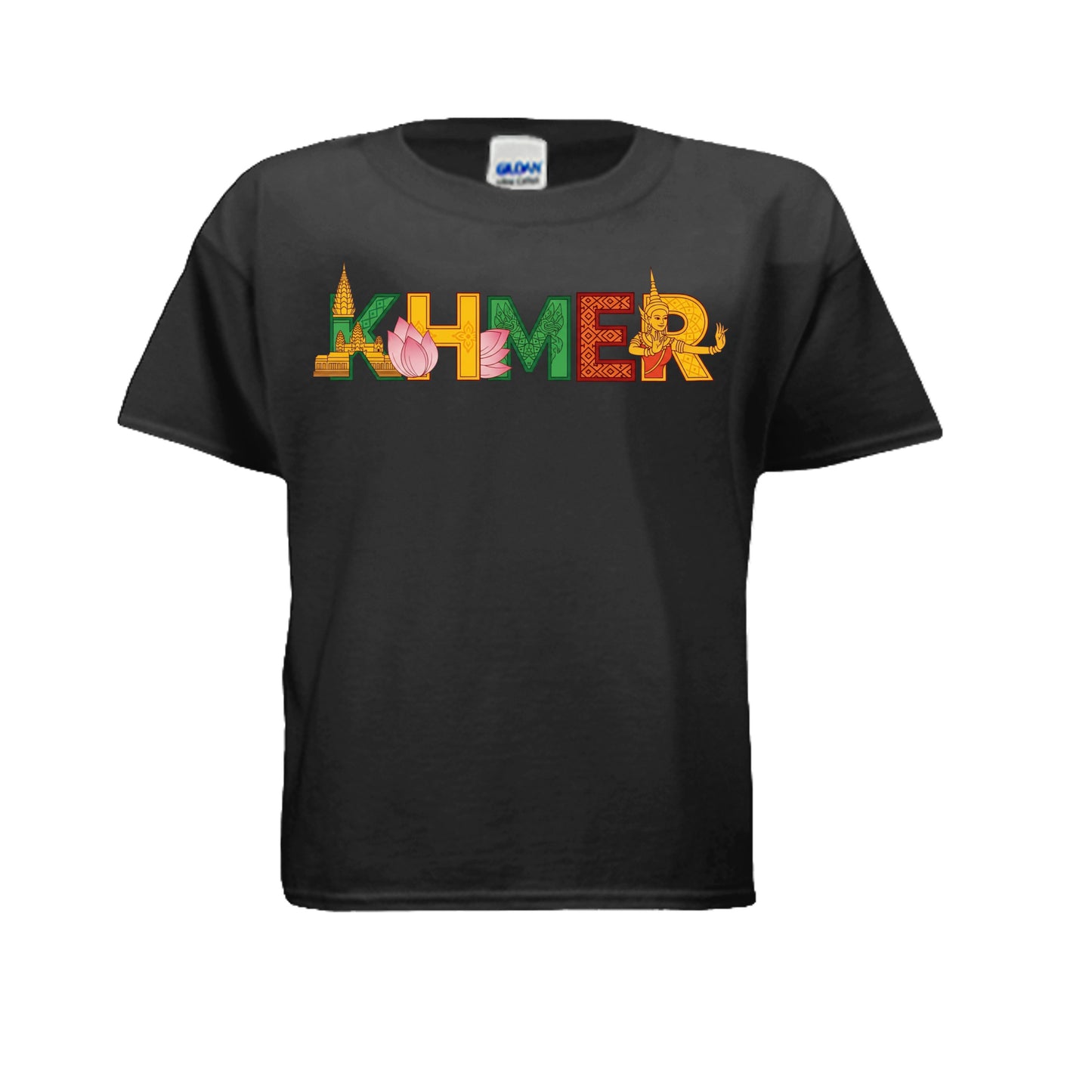Black t-shirt with graphic design featuring a character, cross, and text on a white background