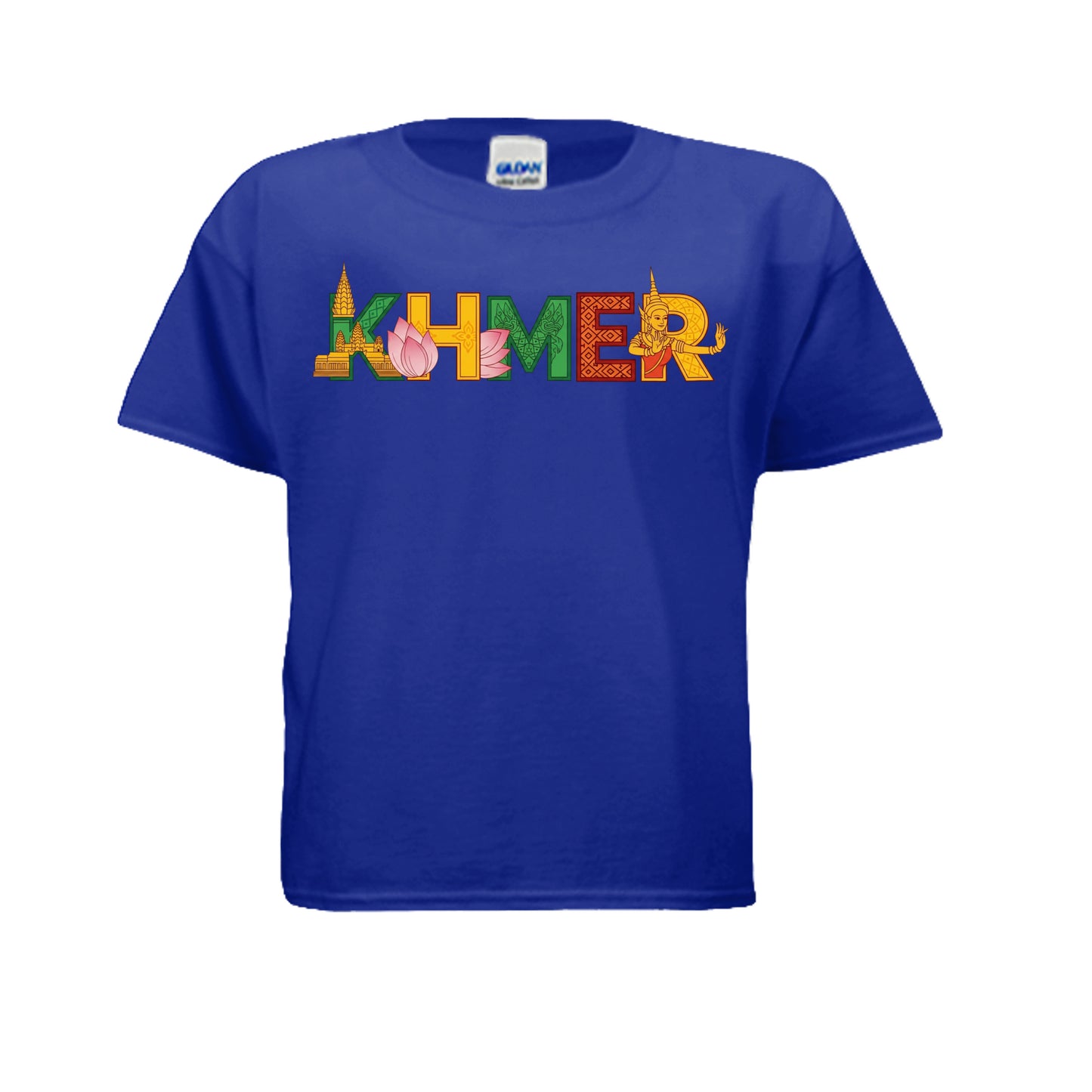 Blue t-shirt with colorful 'KHMER' text on a white background