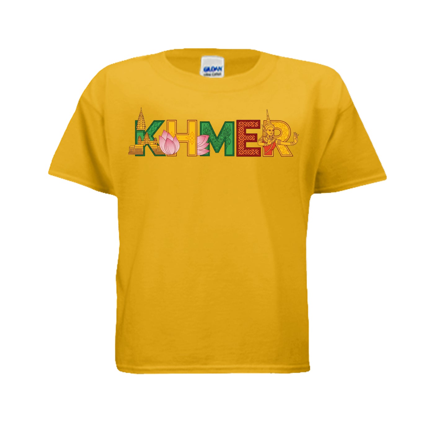Yellow t-shirt with 'KHMER' printed on it against a white background