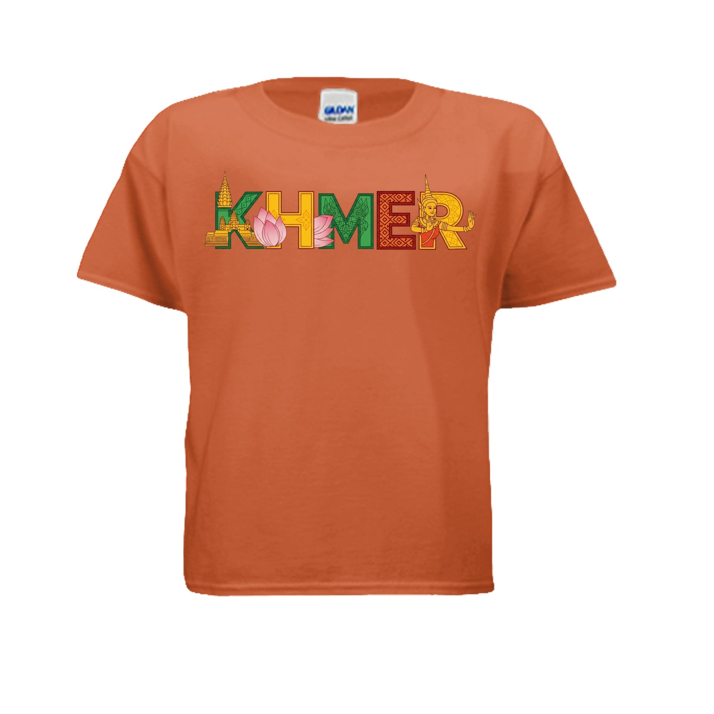 Orange t-shirt with 'KHMER' printed in colorful letters on a white background