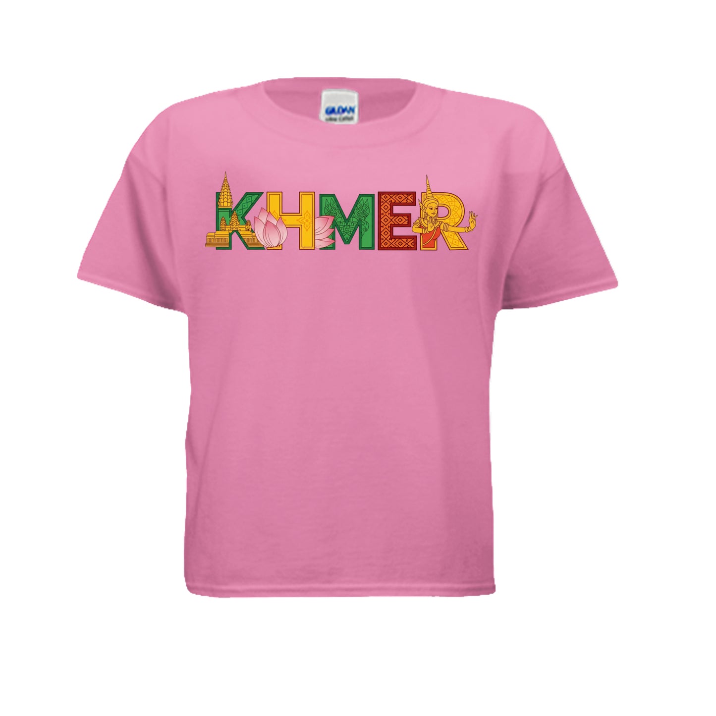 Pink t-shirt with 'KHMER' in colorful letters on a white background