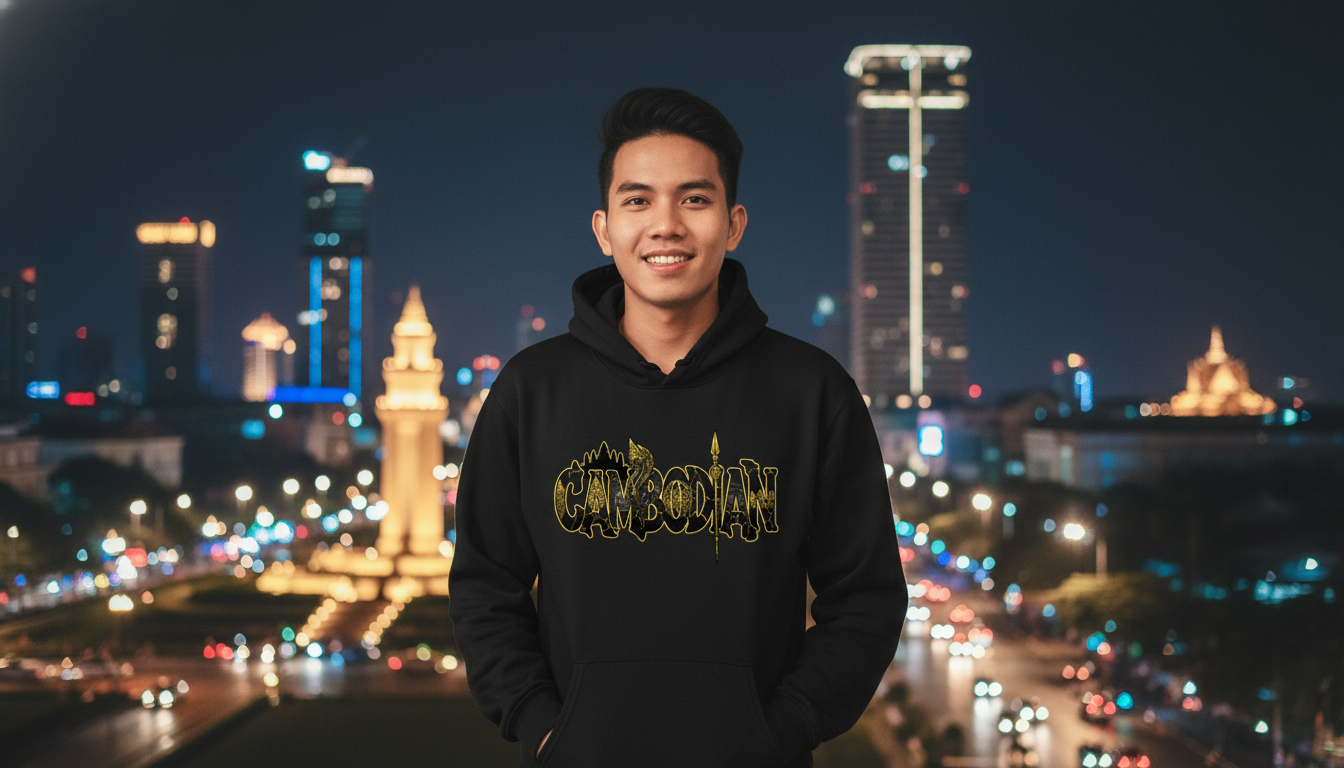 Person wearing a black hoodie with 'Caribou' logo against a city skyline at night.