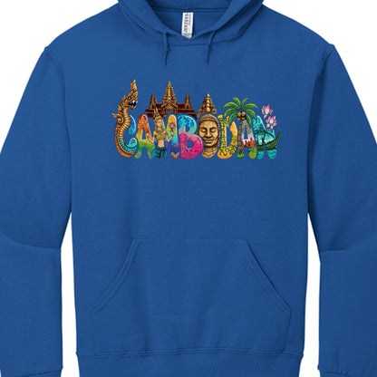 Blue hoodie with colorful 'Indonesia' design featuring temples and landmarks on a white background