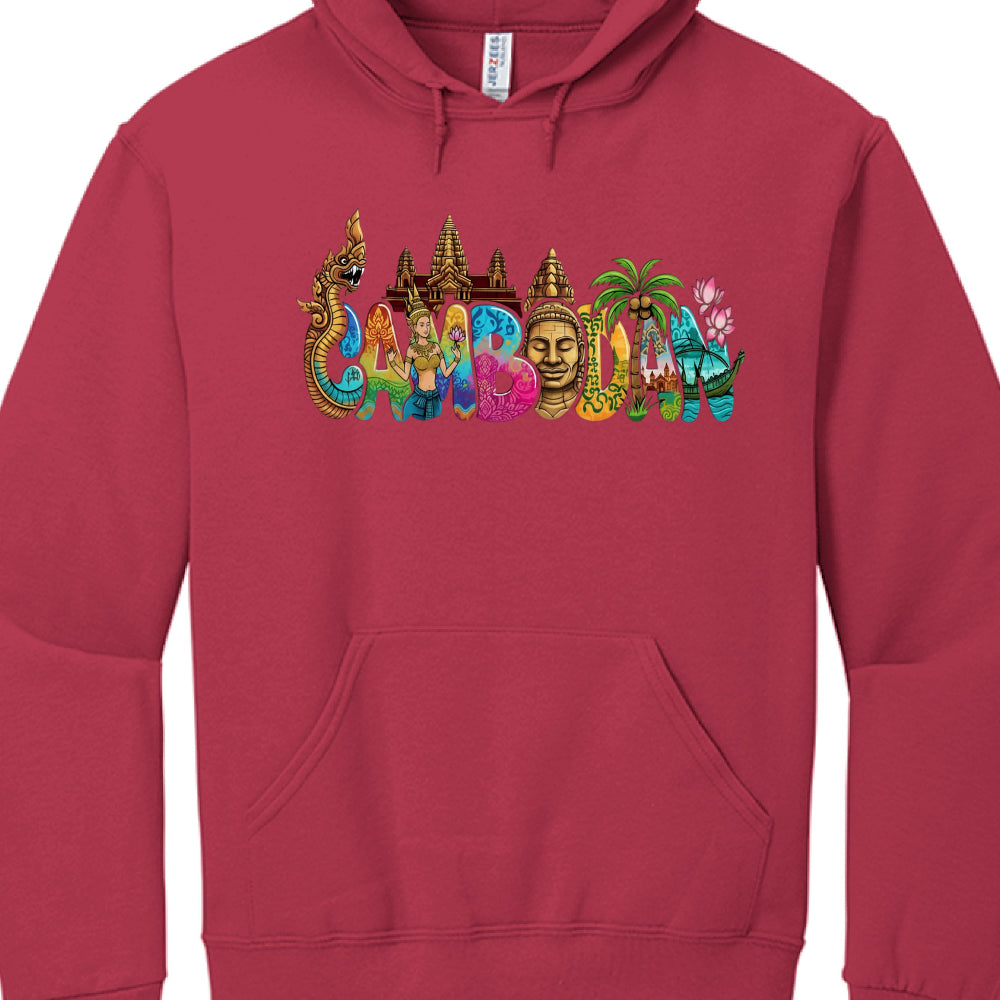 Red hoodie with colorful graphic design on a white background