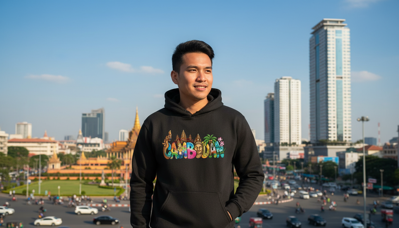 Person wearing a black hoodie with 'Cambodia' printed on it, standing in front of a city skyline.