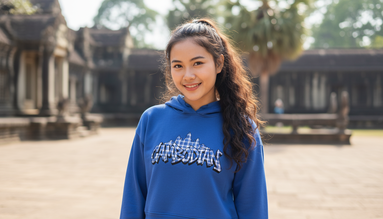 Person wearing a blue hoodie with text in an outdoor setting
