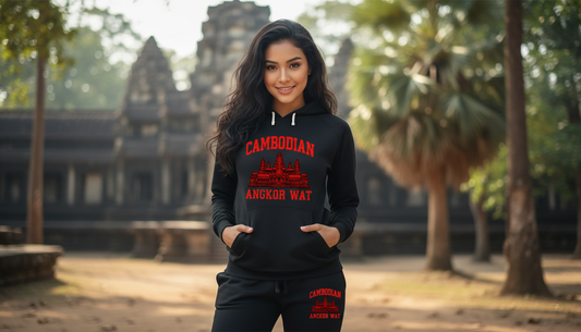 Woman wearing a black hoodie with red text and logo in front of a temple.