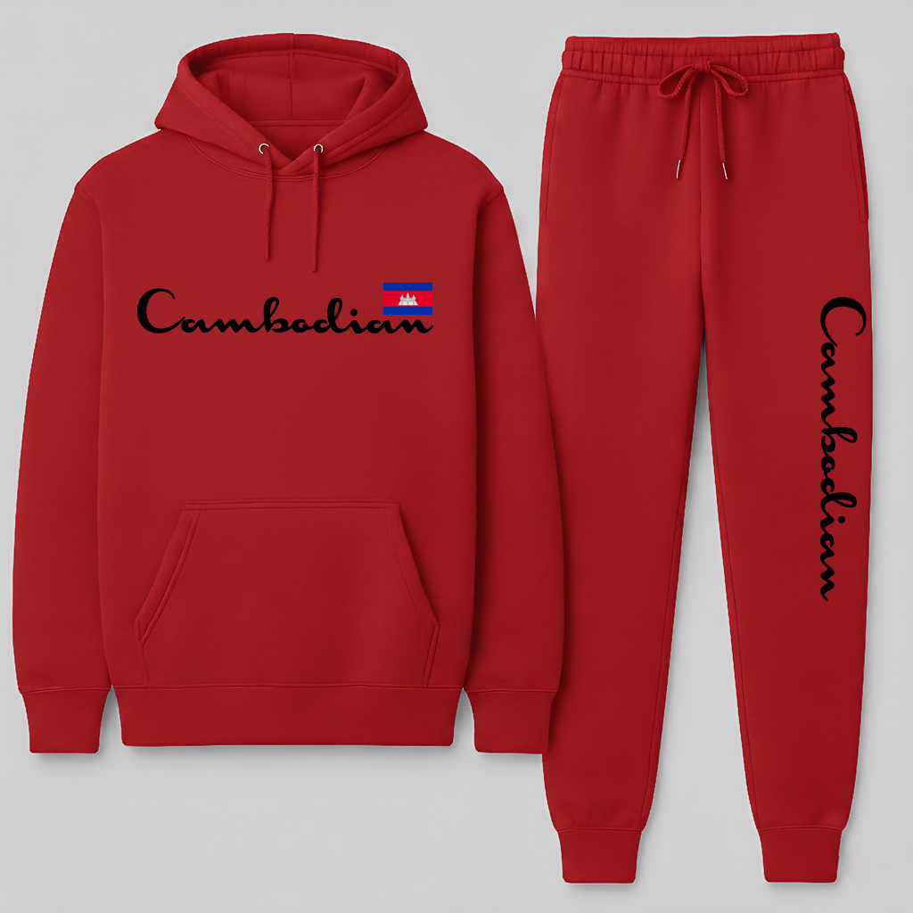 Red hoodie and jogger pants set with 'Cambodian' text and flag on a light gray background