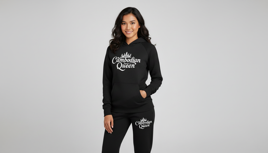 Woman wearing a black hoodie and pants with 'My Cambodian Queen' text on a gray background