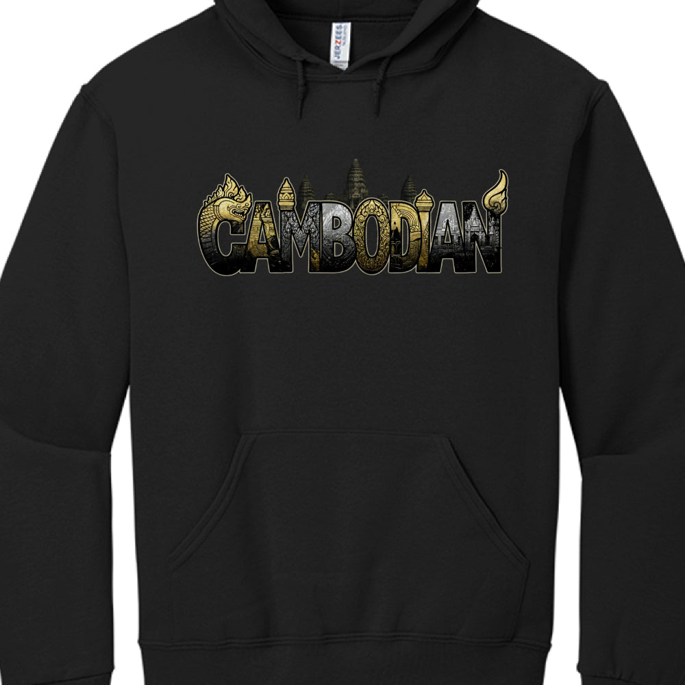 Grayscale and Gold Architectural Design
This version offers a more photorealistic and layered look, incorporating direct imagery of Cambodian landmarks.

Central Elements: The letters feature a mix of gold and grayscale textures. The letter "C" is shaped like a Naga, and several letters are topped with traditional temple spires.

Landmark Imagery: Unlike the first image, this design uses realistic grayscale depictions of Angkor Wat’s central towers and stone entrances within the letters "B," "O," "D," and "