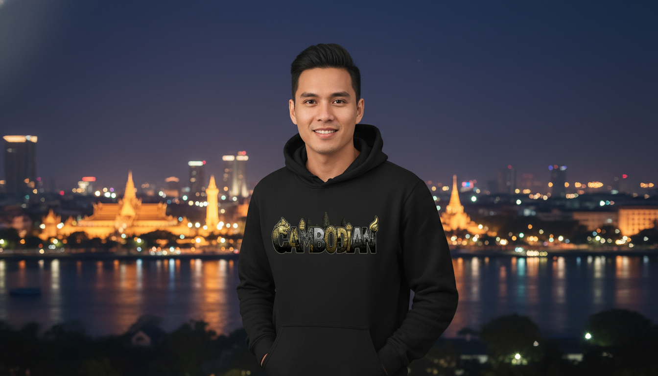 Person wearing a black hoodie with 'Cambodia' text in front of a cityscape at night.