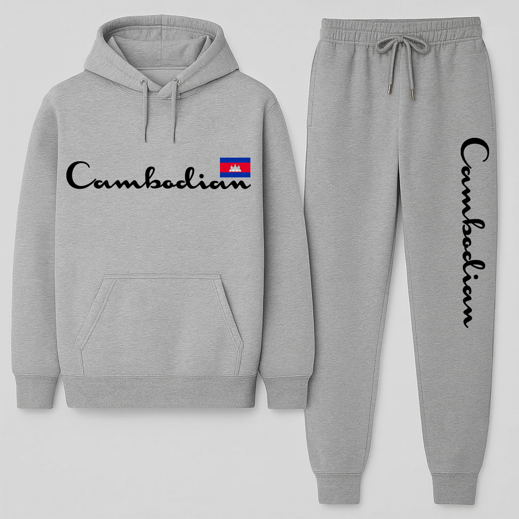 Gray hoodie and jogger set with 'Cambodian' text and flag on a white background