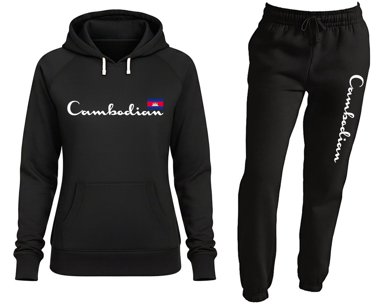 Black hoodie and sweatpants set with 'Cambodian' text and flag design on a white background