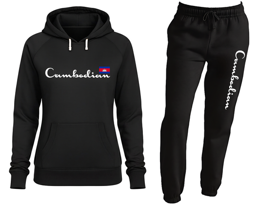 Black hoodie and sweatpants set with 'Cambodian' text and flag design on a white background