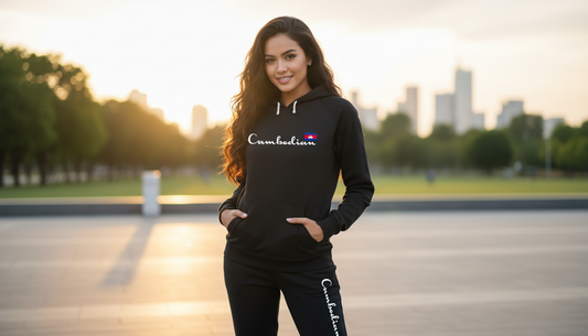 Woman wearing a black hoodie with 'Camelot' branding in an outdoor setting with trees and buildings in the background.