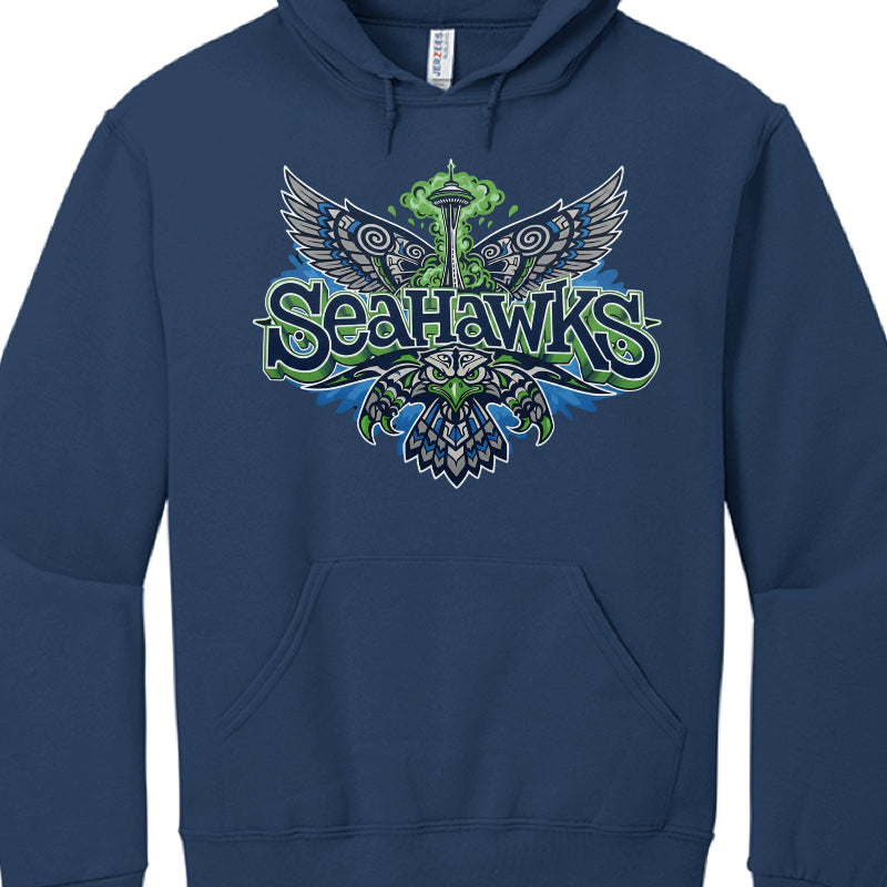 Navy blue hoodie with Seahawks logo on a white background