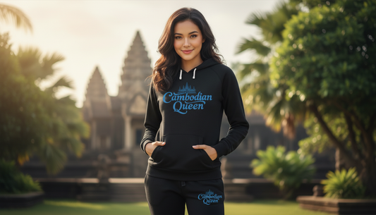 Woman wearing a black hoodie with 'Cambodian Queen' text in a garden setting