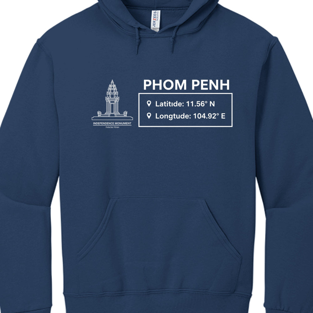 Navy blue hoodie with white text and graphics on a white background