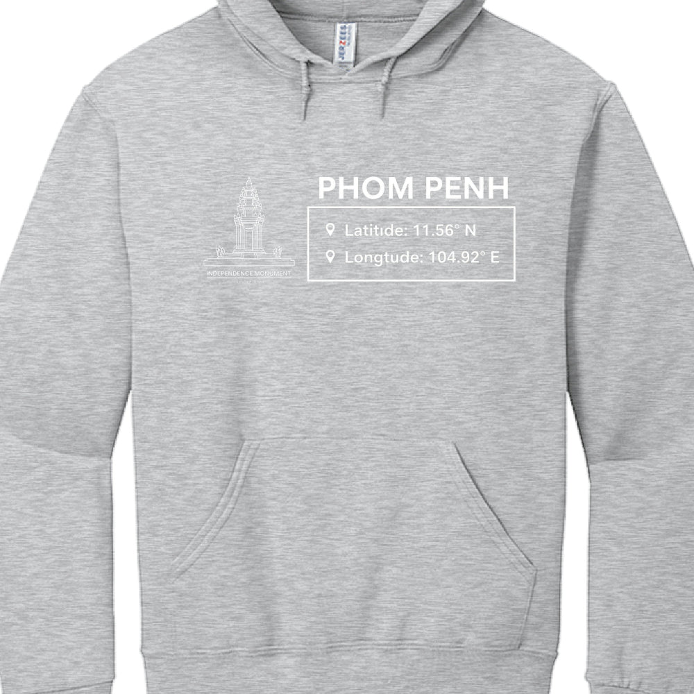 Gray hoodie with 'PHOM PENH' text and coordinates on a white background