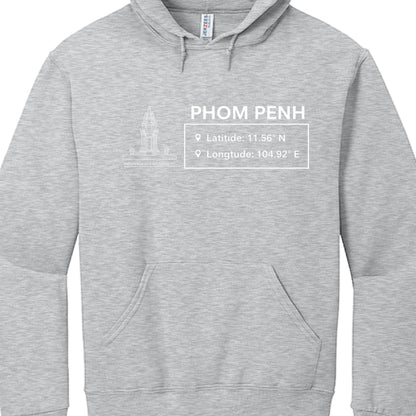 Gray hoodie with 'PHOM PENH' text and coordinates on a white background