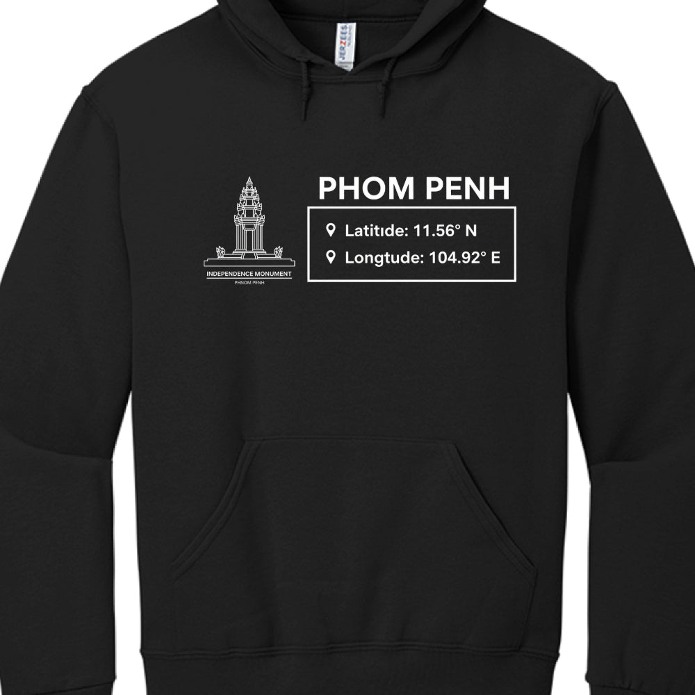 Black hoodie with white text and graphics on a white background