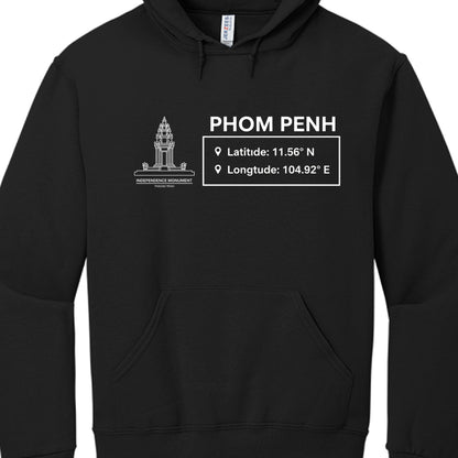 Black hoodie with white text and graphics on a white background