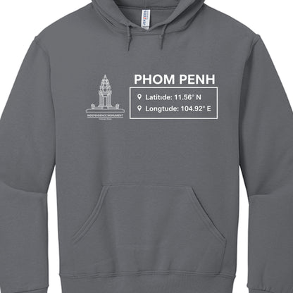 Gray hoodie with white text and graphics on a white background