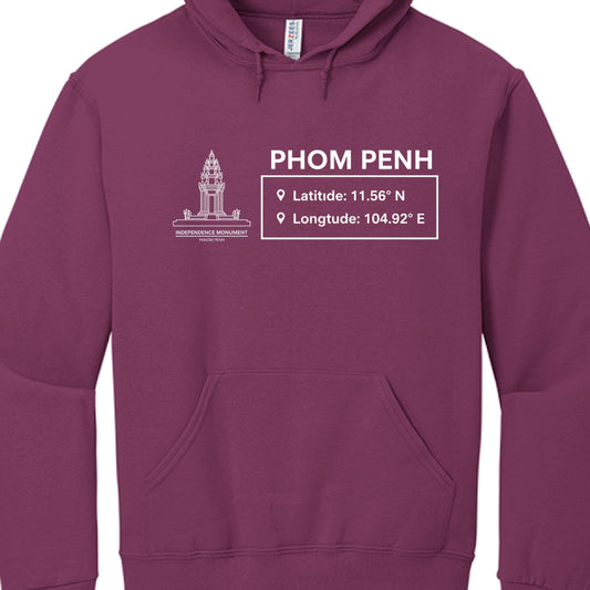 Maroon hoodie with white text and graphics on a white background
