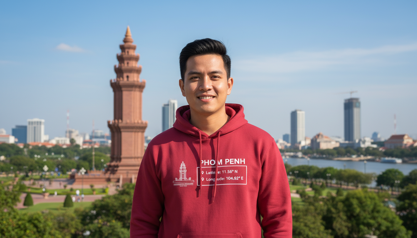 Represent the heart of the "Pearl of Asia" with this clean, minimalist graphic hoodie. This design pays homage to Cambodia's capital city, featuring a sleek line-art illustration of the Independence Monument (Vimean Ekareach) alongside the precise geographic coordinates of Phnom Penh.