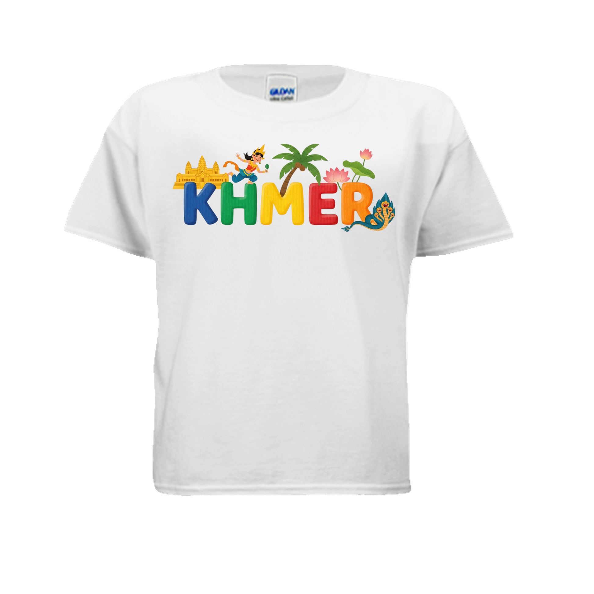White t-shirt with colorful 'KHMER' text and graphics on a white background