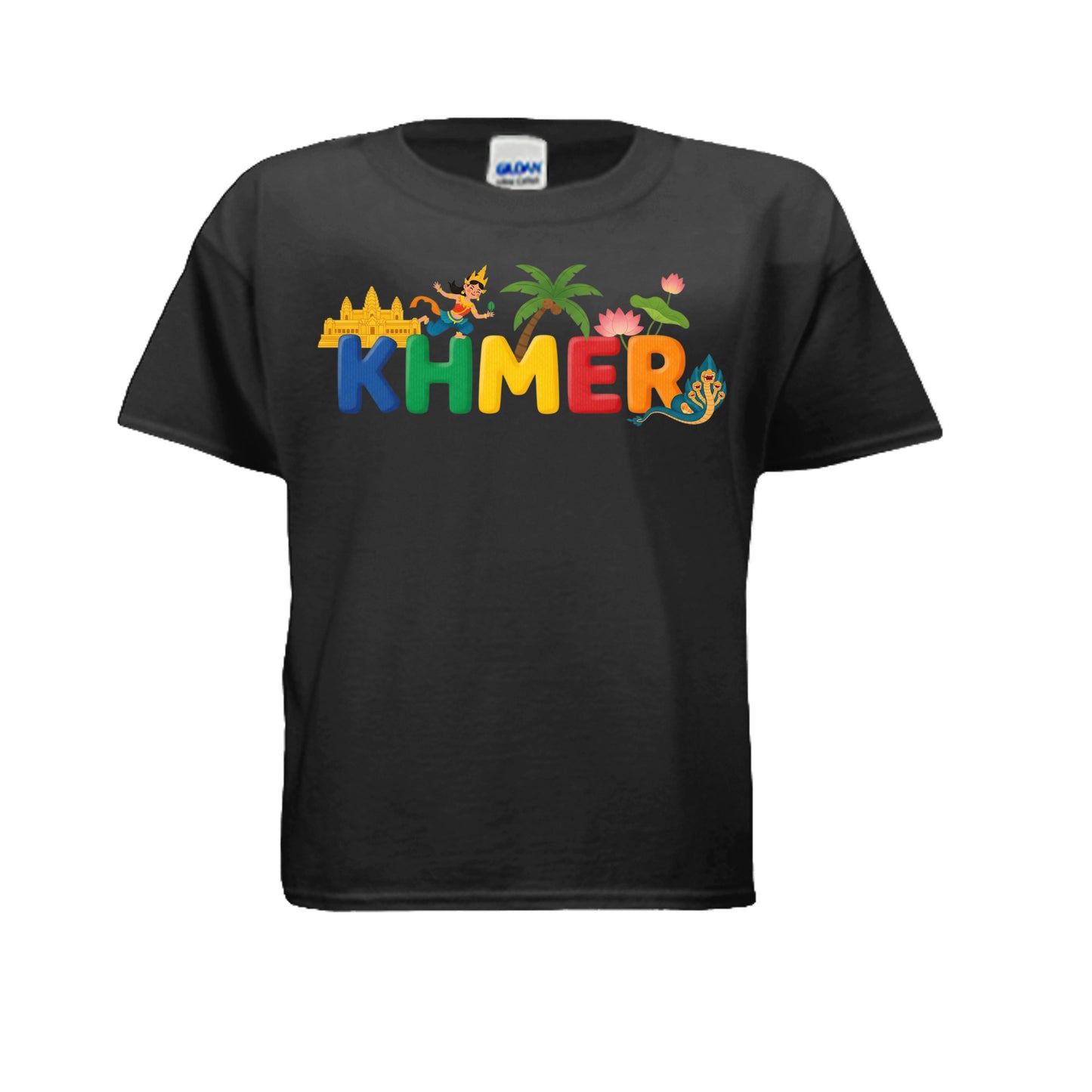 Black t-shirt with colorful 'KHMER' text and graphics on a white background