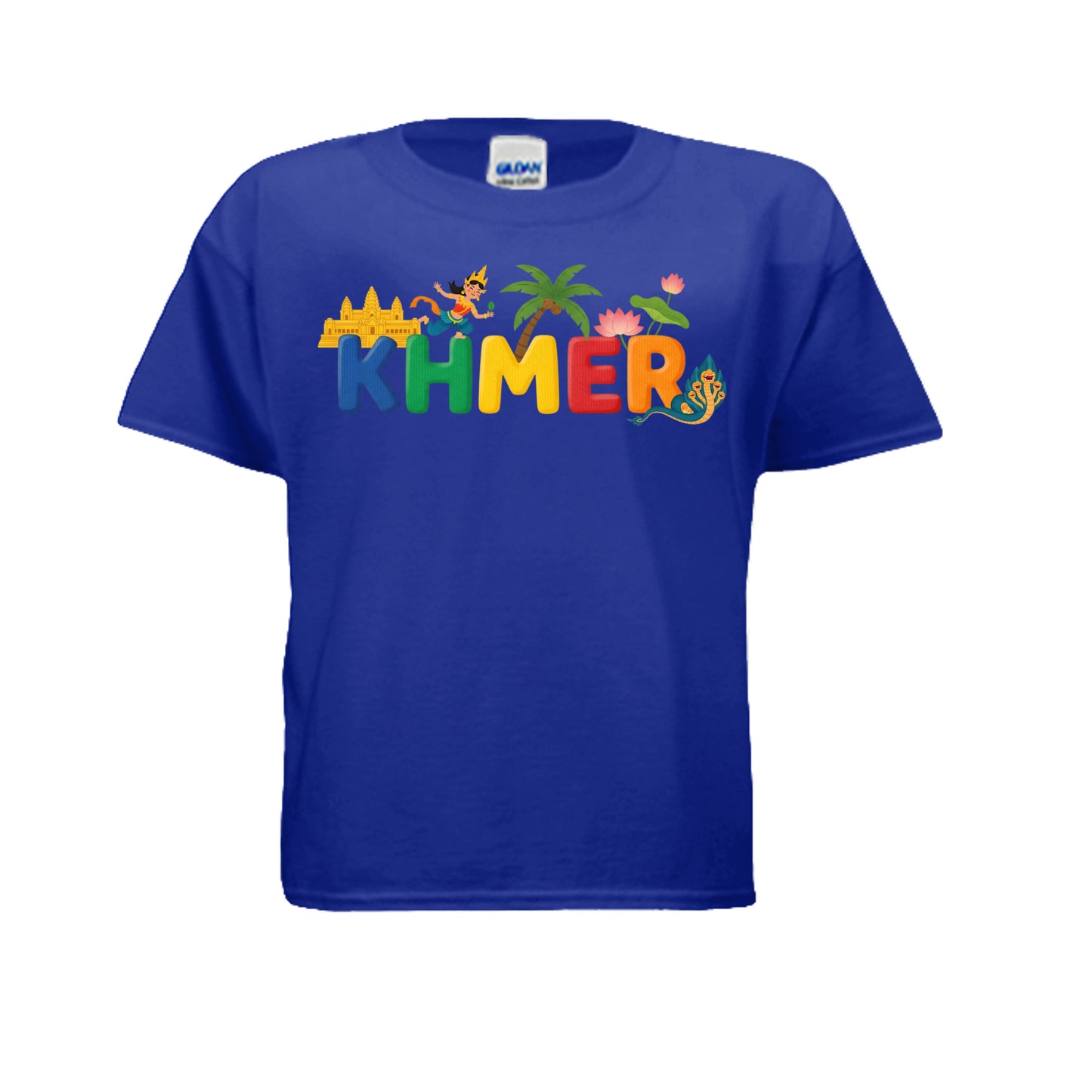 Blue t-shirt with colorful 'KHMER' text and graphics on a white background