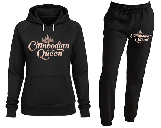 Black hoodie and jogger pants set with 'Cambodian Queen' text on a white background