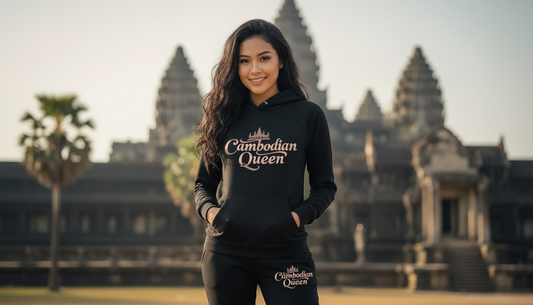 Woman wearing a 'Cambodian Queen' hoodie in front of Angkor Wat.