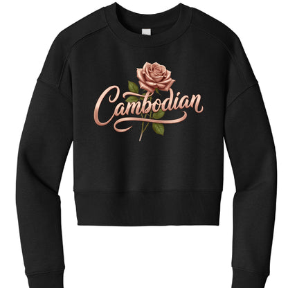 Black sweatshirt with 'Cambodian' and a rose design on a white background