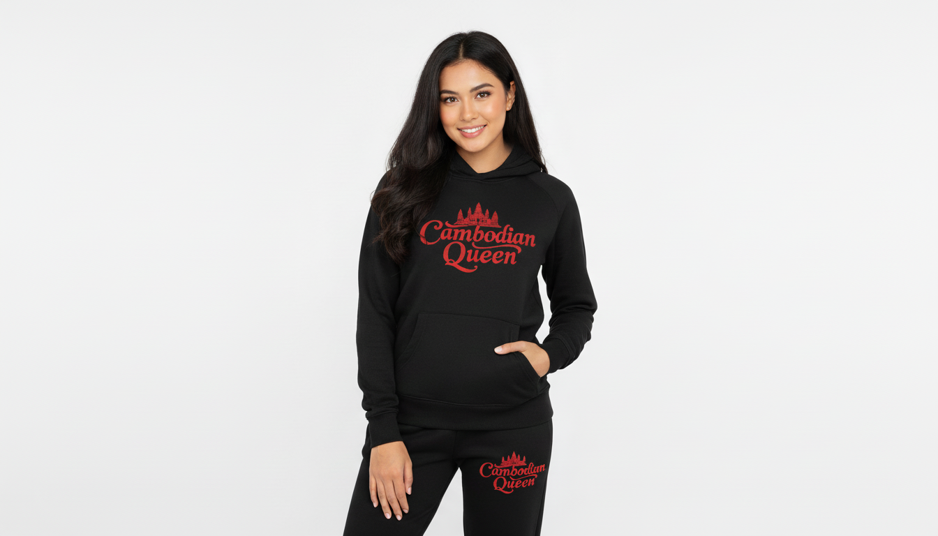 Woman wearing a black hoodie with 'Cambodian Queen' text on a white background