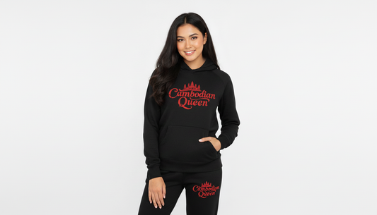 Woman wearing a black hoodie with 'Cambodian Queen' text on a white background