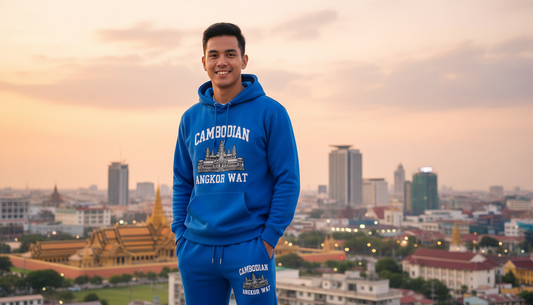 Person wearing a blue hoodie with 'Cambodian Angkor Way' design, standing in front of a cityscape.