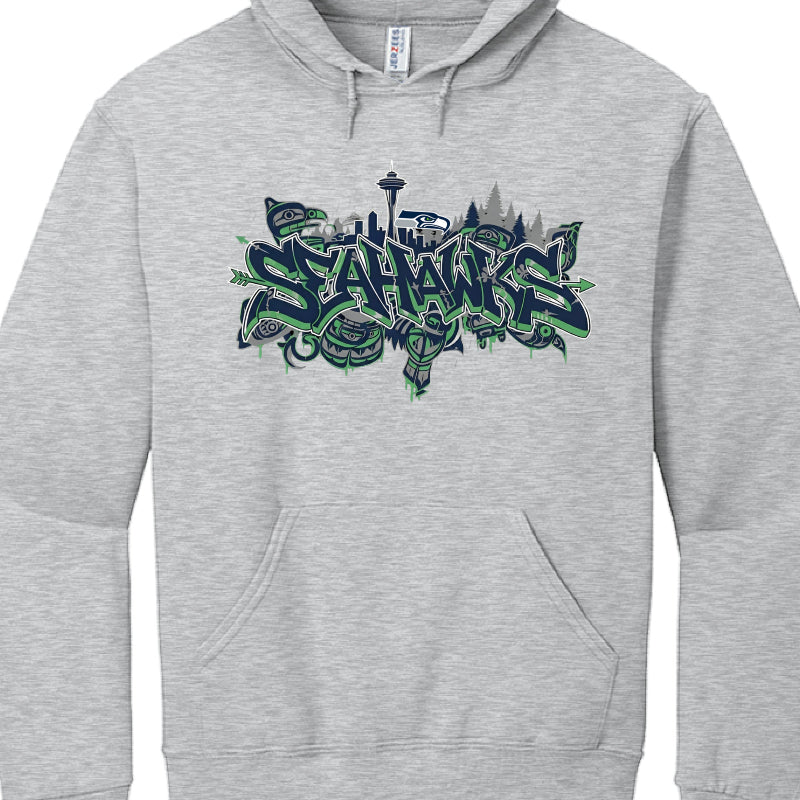 Gray hoodie with 'Seahawks' graphic design on a white background
